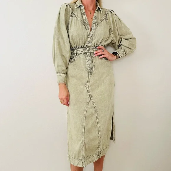 Free People Sage Denim Midi Dress Light Khaki Long Sleeve